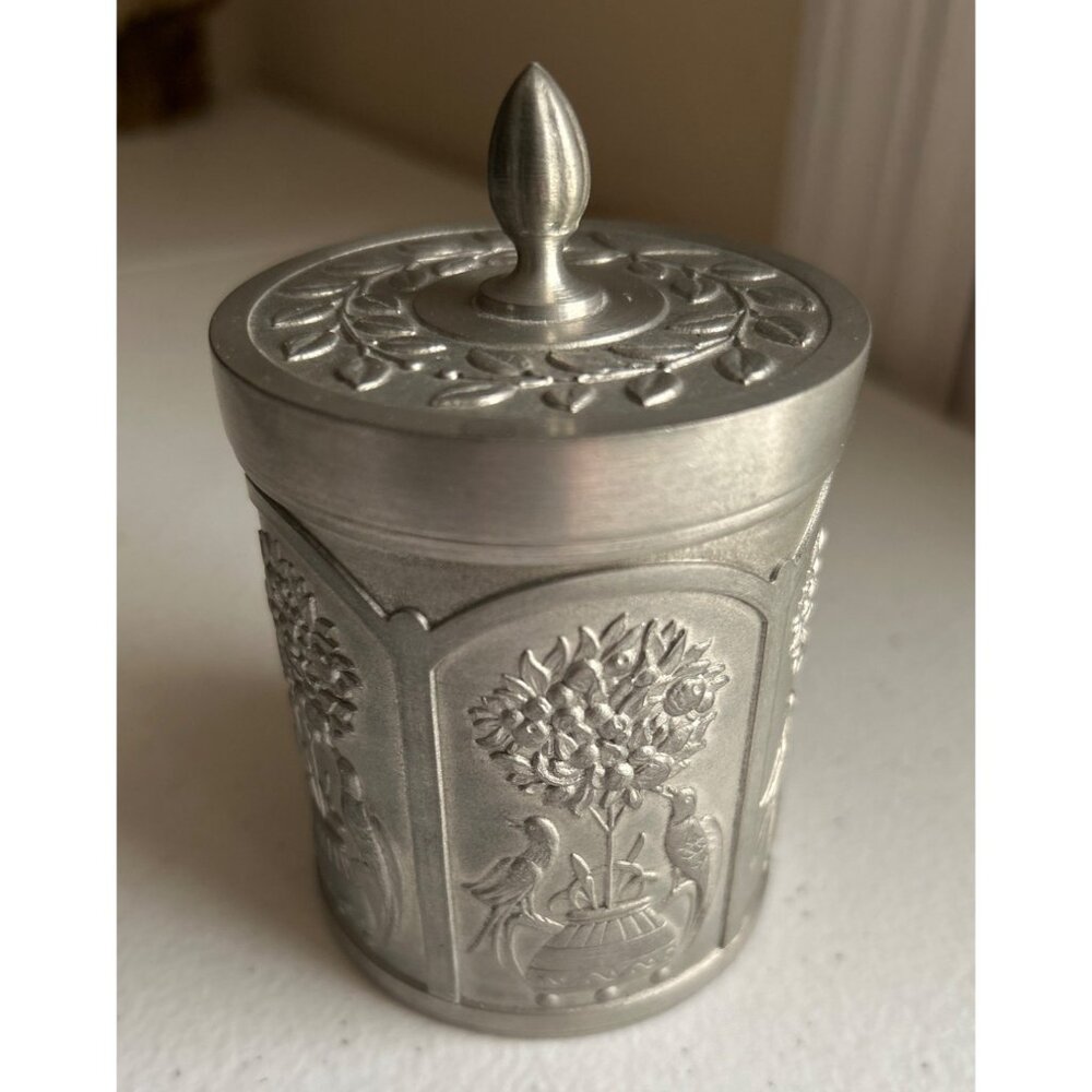 Handcrafted German Bird Embossed Pewter Decorative Trinket Jar With Lid